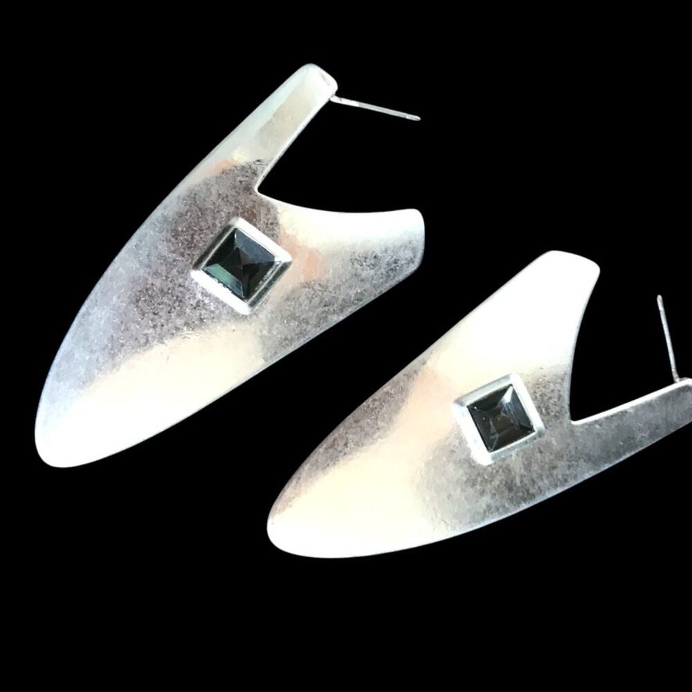 NEW Romance Matte Silver Tone oblong mod chevron-style semi-hoop earrings